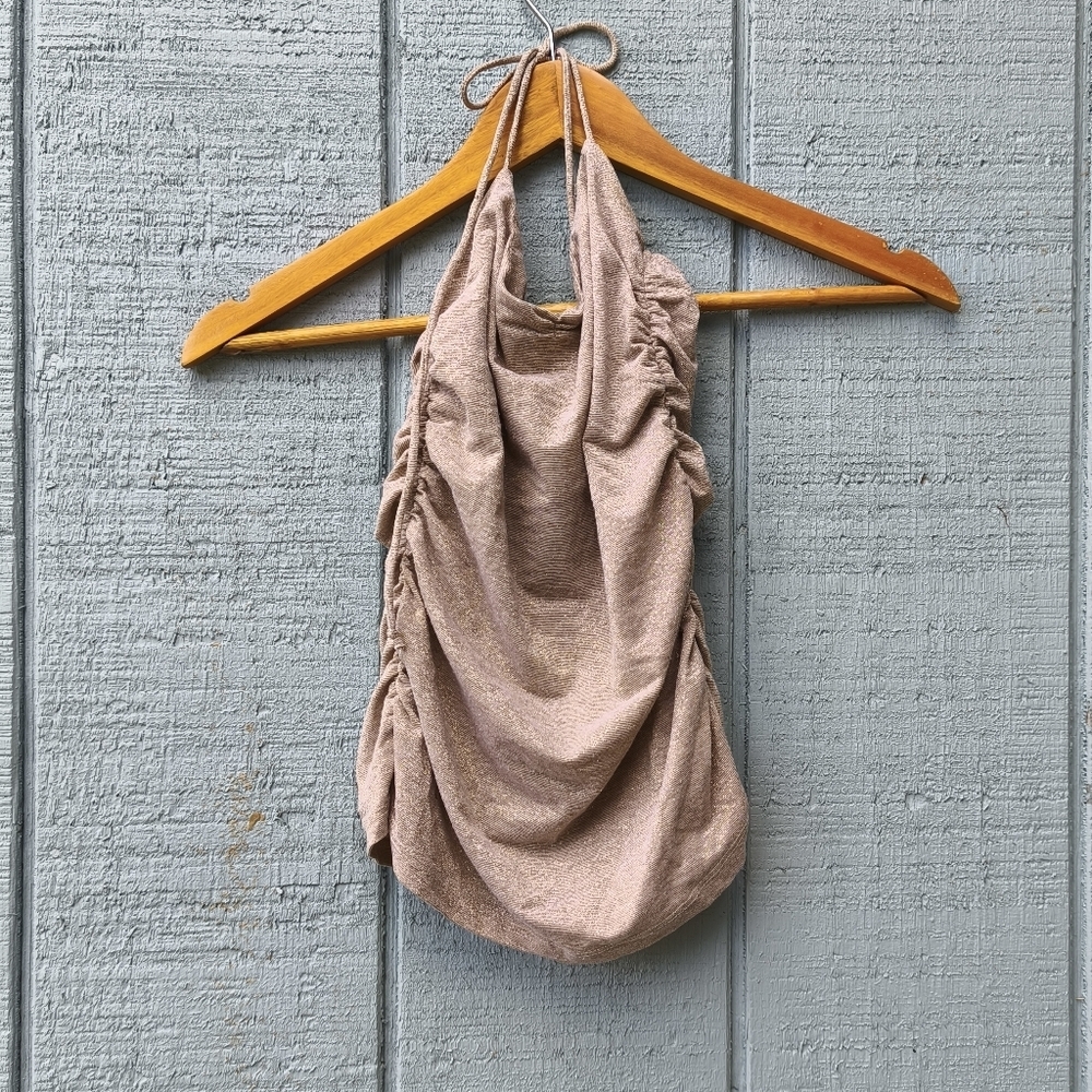 y2k Guess Jeans Ruched Metallic Halter Top XS Gold It Girl Club Flirty Romantic